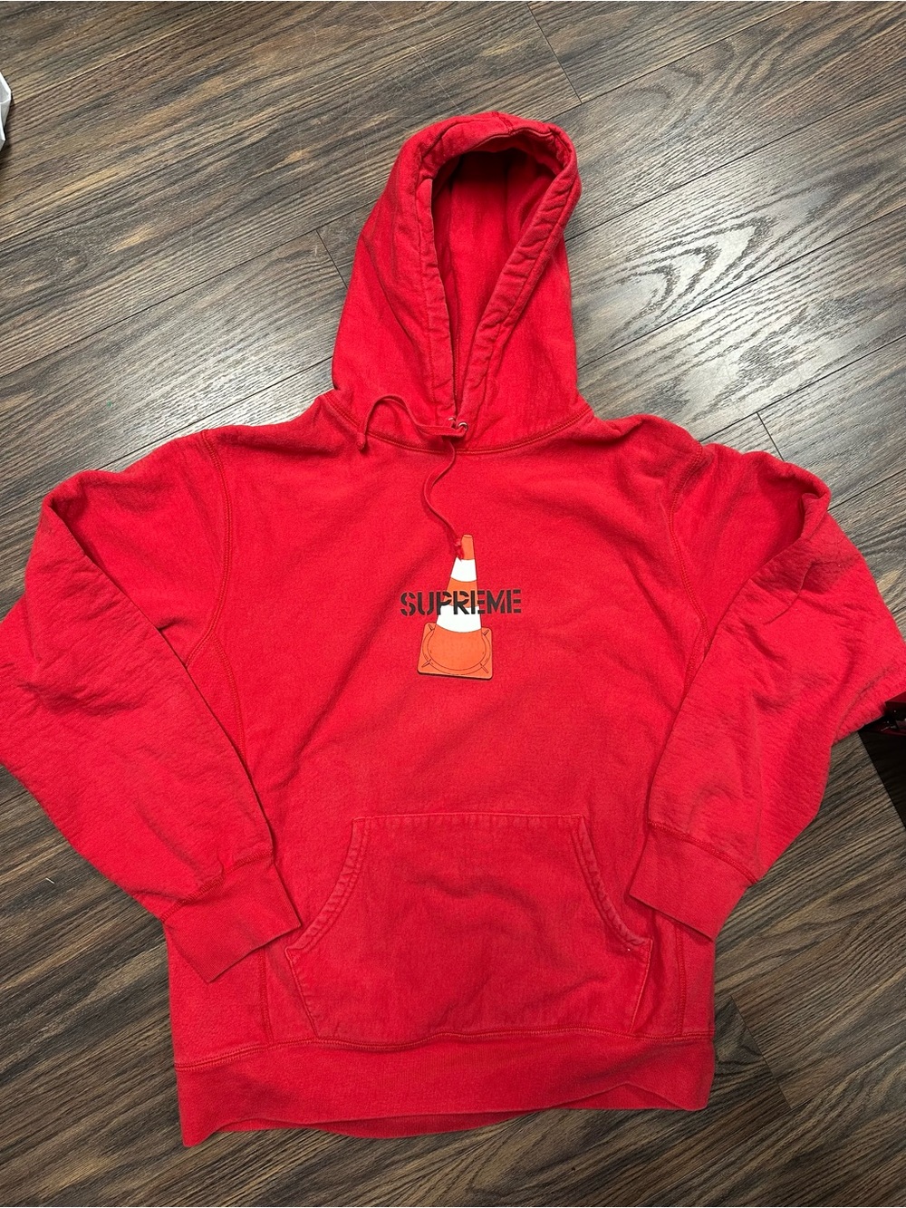 Supreme Red Pullover Hoodie with traffic cone Graphic Chest Print